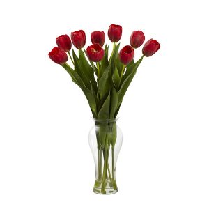Nearly Natural 1361-RD 24 Inch Red Tulips With Vase